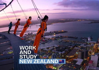 Cuatro personas a punto de hacer bungee jumping desde un lugar alto, representando la experiencia de Work and Study en Nueva Zelanda.